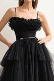 Black A Line Tulle Spaghetti Straps Formal Dress