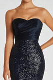 Sparkly Black Sequins Mermaid Strapless Long Military Ball Dress