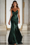 Dark Green Spaghetti Straps Mermaid Satin Long Formal Dress