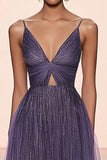 Grey Purple A Line Pleated V Neck Tulle Gala Dress