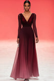 Elegant Ruched A Line V Neck Burgundy Military Ball Dress with Long Sleeves