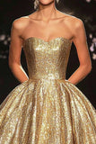 A Line Metallic Satin Gold Strapless Red Carpet Dress