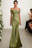 Metallic Satin Green Off The Shoulder Sheath Red Carpet Dress