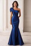 Dark Blue Satin Mermaid Pleated One Shoulder Military Ball Dress