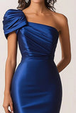 Dark Blue Satin Mermaid Pleated One Shoulder Military Ball Dress