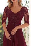 Elegant Burgundy  A Line V Neck Chiffon Long Mother Of the Bride Dress with Lace Appliques