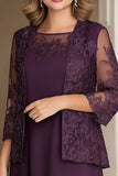 Elegant Plum Pencil Boat Neck Chiffon Long Mother Of the Bride Dress with Lace Appliques