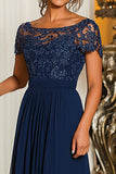 Navy A-Line Boat Neck Lace Appliques Chiffon Long Mother Of the Bride Dress with Short Sleeves