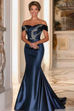 Navy Off the Shoulder Mermaid Satin Long Mother Of the Bride Dress with Embroidery