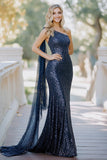 Navy Sequins Sheath One Shoulder Mother of the Bride Dress with Cape