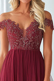 Burgundy A Line Tulle Lace Off the Shoulder Mother of the Bride Dress