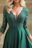 Satin Lace Dark Green  A Line V Neck 3/4 Sleeves Mother of the Bride Dress