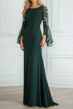 Boat Neck Chiffon Lace A Line Dark Green Long Sleeves Mother of the Bride Dress