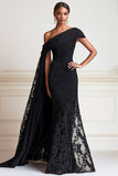 Black Mermaid One Shoulder Lace Long Mother of the Bride Dress with Side Shoulder Cape