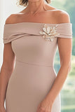 Off The Shoulder Taupe Sheath Long Mother Of The Bride Dress With 3D Flower