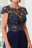 Scoop Neck A Line Navy Cap Sleeves Mother of the Bride Dress