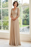 Elegant Champagne A Line V Neck Pleated Mother of the Bride Dress