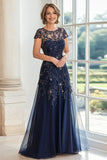 A Line Navy Round Neck Cap Sleeves Lace Mother of the Bride Dress