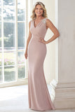 Elegant Blush V-neck Applique Sheath Matte Satin Long Mother of the Bride