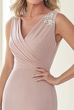 Elegant Blush V-neck Applique Sheath Matte Satin Long Mother of the Bride