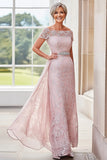 Elegant Blush Off the Shoulder Column Lace Long Mother of the Bride with Rhinestone