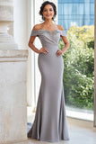 Matte Satin Grey Off The Shoulder Embroidered Sheath Mother of the Bride Dress