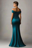 Peacock Blue Mermaid Off The Shoulder Ruched Satin Formal Dress