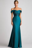 Mermaid Off The Shoulder Peacock Blue Satin Ruched Long Formal Dress