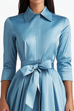 Blue A Line Flared Front Button Closures Midi Formal Dress with Long Sleeves