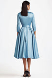 Blue A Line Flared Front Button Closures Midi Formal Dress with Long Sleeves