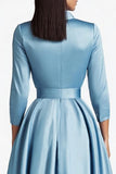 Blue A Line Flared Front Button Closures Midi Formal Dress with Long Sleeves