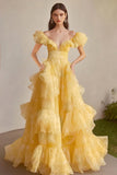 Yellow A Line Off The Shoulder Ruffles Prom Dress