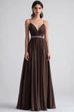 Coffee A Line Spaghetti Straps Ruched Formal Dress