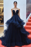 Navy Ruffle Tiered A Line Strapless Red Carpet Dress