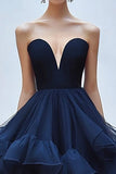 Navy Ruffle Tiered A Line Strapless Red Carpet Dress