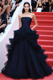 Ruffled Tiered Navy Strapless A Line Gala Dress