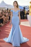 Light Blue Off the Shoulder Mermaid Pleated Red Carpet Dress