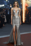 Sparkly Grey Silver V Neck Cut Out Mermaid Gala Dress with High Slit