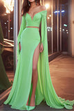 Chiffon Light Green V Neck Long Sleeve Gala Dress with Side Slit