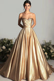 A Line Sweetheart Satin Gold Gala Dress