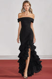 Black Mermaid Off the Shoulder Gala Dress with Ruffled Slit