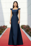 Navy Square Neck Sheath Gala Dress with Cap Sleeves