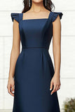 Navy Square Neck Sheath Gala Dress with Cap Sleeves