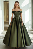 A Line Off the Shoulder Satin Olive Gala Dress