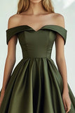 A Line Off the Shoulder Satin Olive Gala Dress