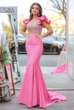 Pink Mermaid Satin Deep V Neck Beaded Prom Dress with Ruffled Sleeves