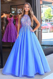 Blue A Line Scoop Lace Appliqued Ruched Long Prom Dress