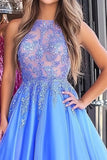 Blue A Line Scoop Lace Appliqued Ruched Long Prom Dress