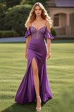 Plum Sheath Off The Shoulder Chiffon Lace Long Prom Dress