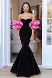 Black Pink Mermaid Strapless Velvet Satin Long Prom Dress With Detachable Sleeves